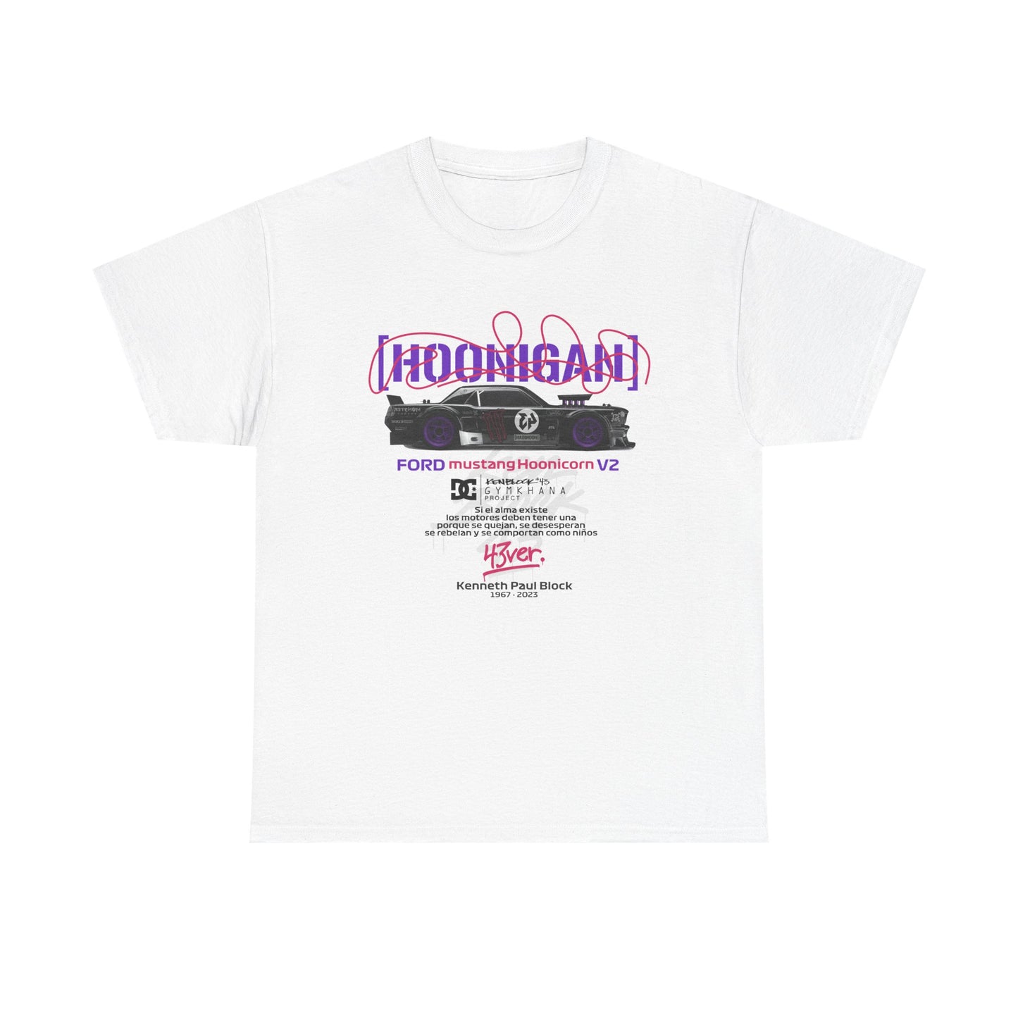 Luxury white Ford Mustang Hoonicon V2 graphic t-shirt featuring a stylish black drift car and bold purple typography, perfect for automotive enthusiasts.