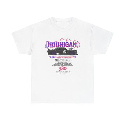Luxury white Ford Mustang Hoonicon V2 graphic t-shirt featuring a stylish black drift car and bold purple typography, perfect for automotive enthusiasts.