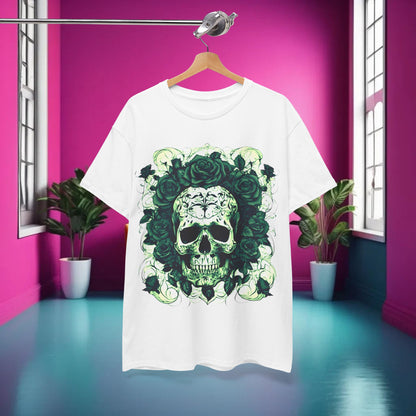 Skulls and Roses Cotton Tee - Unisex graphic shirt elegantly displayed against a vibrant pink backdrop, highlighting the unique skull and roses design.