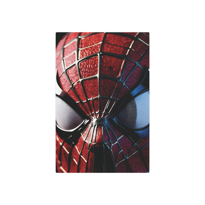 Sleek matte aluminium Spider-Man metal wall art poster, featuring a close-up of the iconic Spider-Man mask with striking detail, perfect for modern decor.