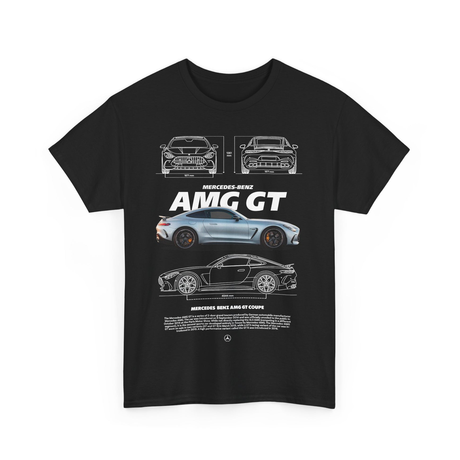 Men's T-shirt displaying a bold graphic of the Mercedes-Benz AMG GT in black, exuding sophistication and style.