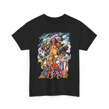 Stylish Epic 1 Piece Adventure Men's T-Shirt showcasing an artistic representation of beloved anime characters, perfect for fashionable anime enthusiasts.