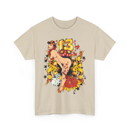 Bold Gold 13 Cartoon Inspired Men's T-Shirt design featuring a confident woman striking a playful pose by Printify.
