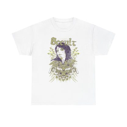 Men's luxury graphic t-shirt featuring an intricate Day of the Dead skull design with whimsical wings, showcased in an elegant off-white colour.