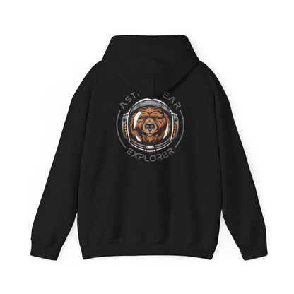 Elegant back view of a luxury black hoodie showcasing a detailed astronaut bear design with the words 'ASTRO BEAR' and 'EXPLORER', perfect for stylish adventurers.