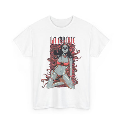 Sophisticated white t-shirt prominently featuring the La Muerte graphic, displaying a stunning sugar skull design that merges artistry with contemporary fashion trends.