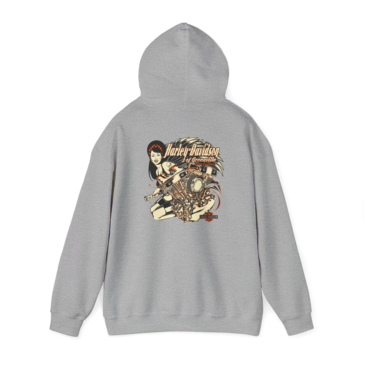 Sophisticated grey hoodie with a chic illustration of a motorcycle engine and confident woman, embodying a luxe urban aesthetic.