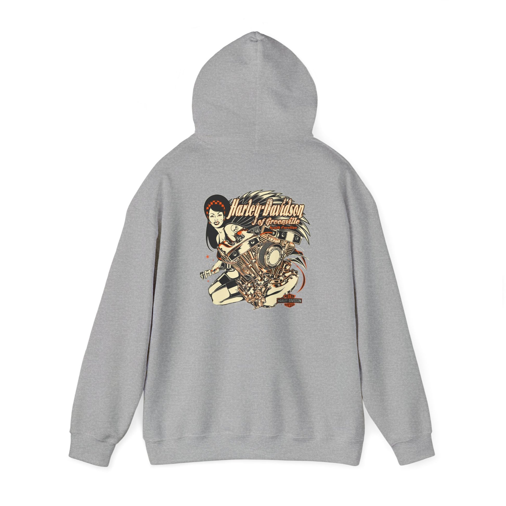 Sophisticated grey hoodie with a chic illustration of a motorcycle engine and confident woman, embodying a luxe urban aesthetic.