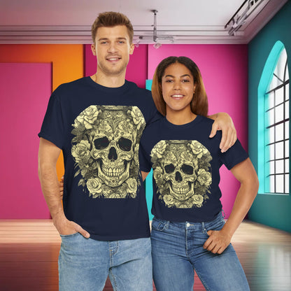 Skulls and Roses Cotton Tee unisex graphic shirt adorned by a male and female model in an artistic environment. The design features elegant skulls and roses, representing a unique fusion of luxury and rebellious fashion.