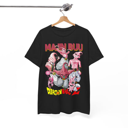 Stylish black t-shirt elegantly displayed on a wooden hanger with a striking illustration of Majin Buu characters from Dragon Ball Z, emphasizing anime culture.