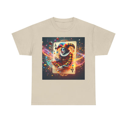 Unisex Harlequin Playing Card Graphic Tee - Premium Quality Cotton Blend T-Shirt in beige, adorned with a playful harlequin pattern and captivating playing card illustration.