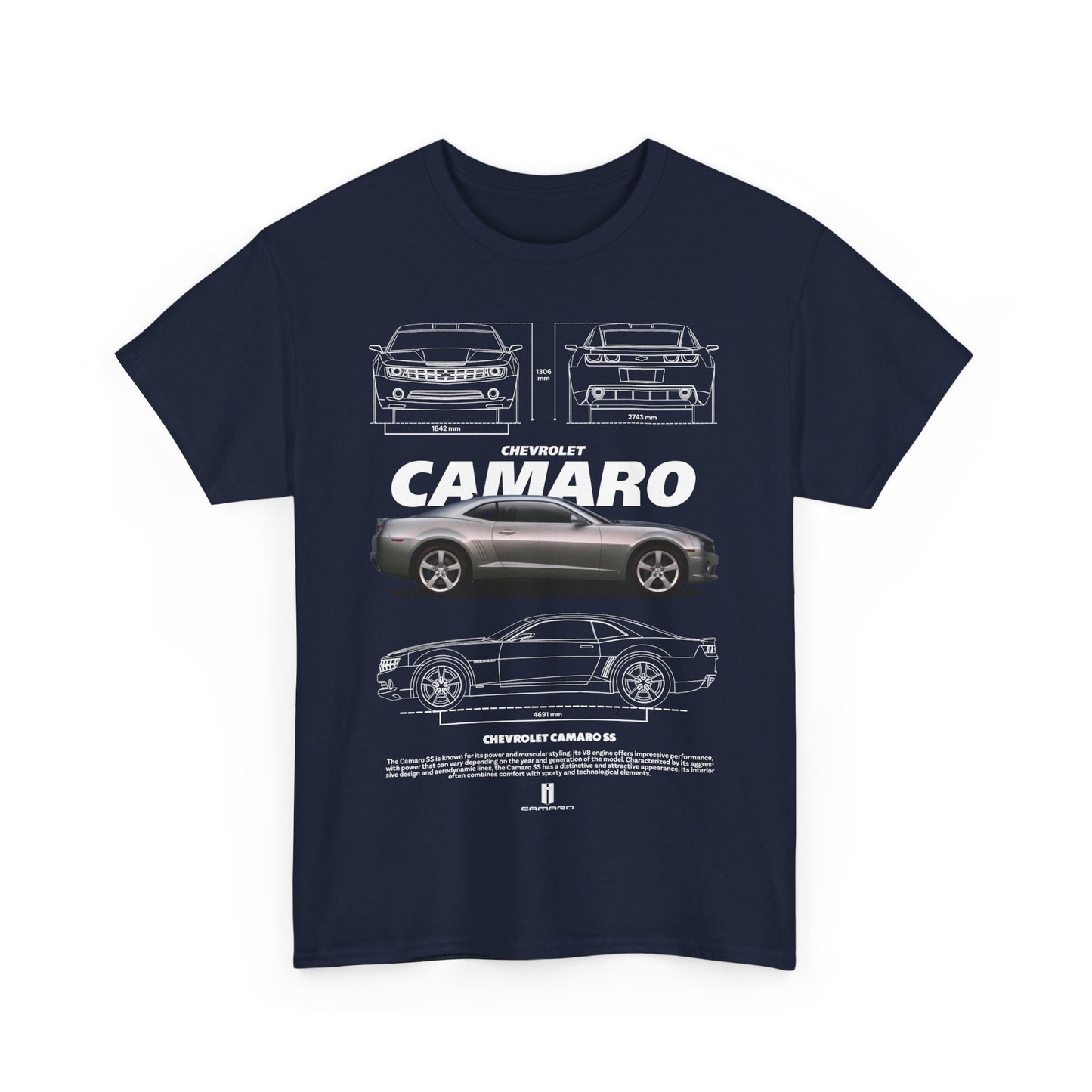 Elegant navy T-shirt featuring a detailed illustration of the Chevrolet Camaro, blending automotive passion with contemporary fashion flair.