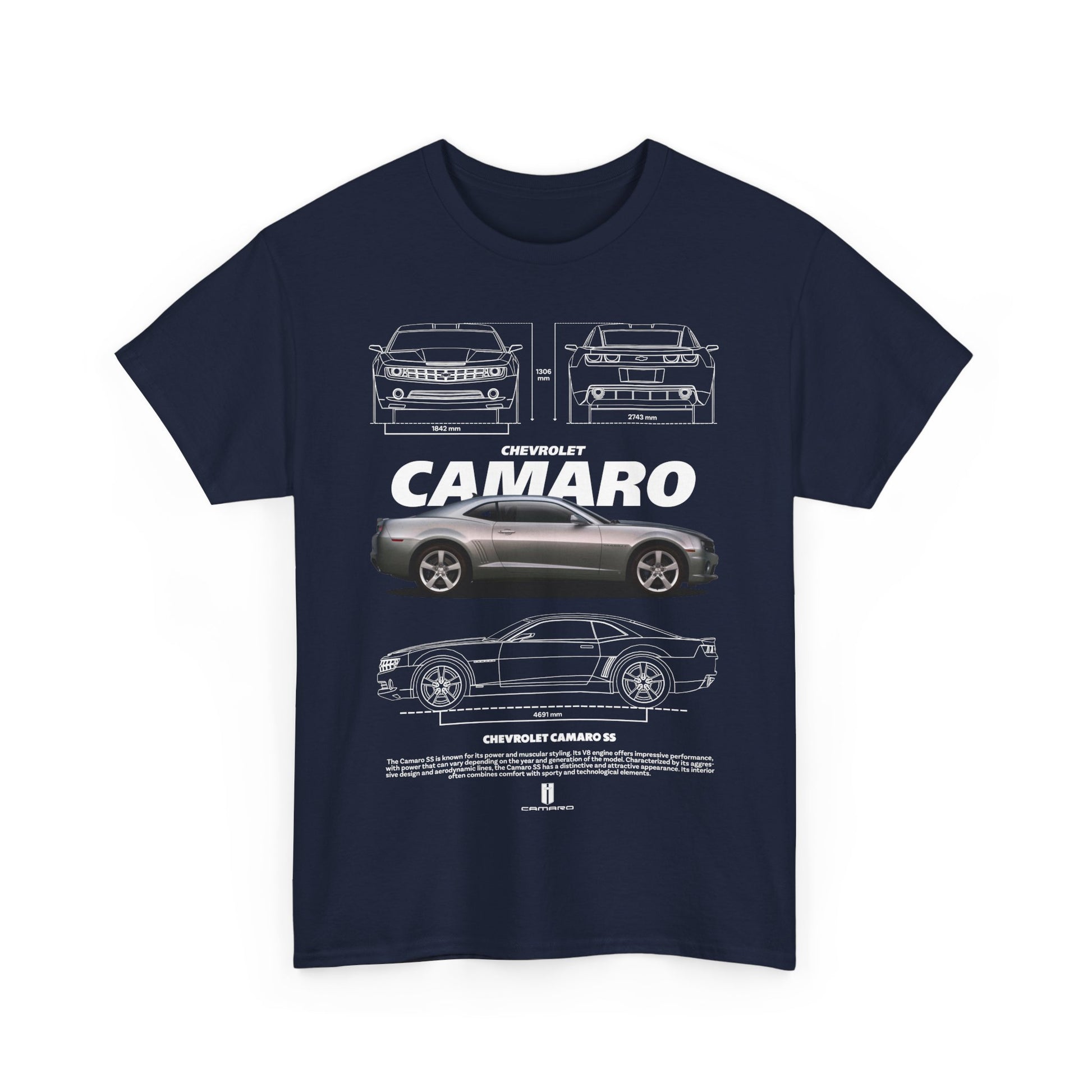 Elegant navy T-shirt featuring a detailed illustration of the Chevrolet Camaro, blending automotive passion with contemporary fashion flair.