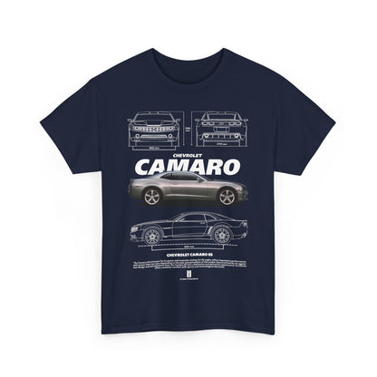 Elegant navy T-shirt featuring a detailed illustration of the Chevrolet Camaro, blending automotive passion with contemporary fashion flair.