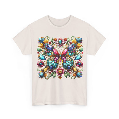 Enchanting Butterfly Brooch design on a sophisticated unisex t-shirt, highlighted by vibrant gemstones and floral motifs, perfect for all occasions.