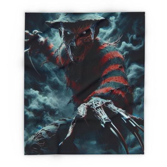 Halloween Freddy Kruegar Nightmare On Elm Street Arctic Fleece Blanket with a captivating portrayal of Freddy Krueger, ideal for creating a luxurious and festive atmosphere this Halloween.