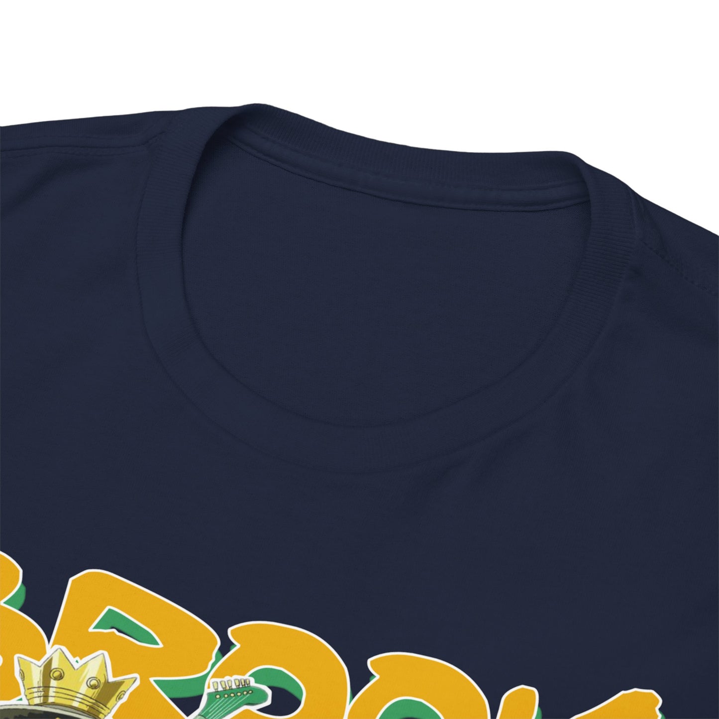Close-up of a navy blue anime t-shirt's neckline, featuring exceptional quality and unique Brook character prints, designed for comfort and style.