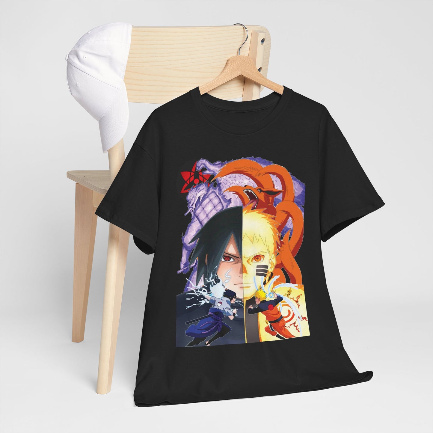 Elegant black T-shirt featuring a split design of Sasuke and Naruto, capturing the essence of anime heroism with vibrant artwork.