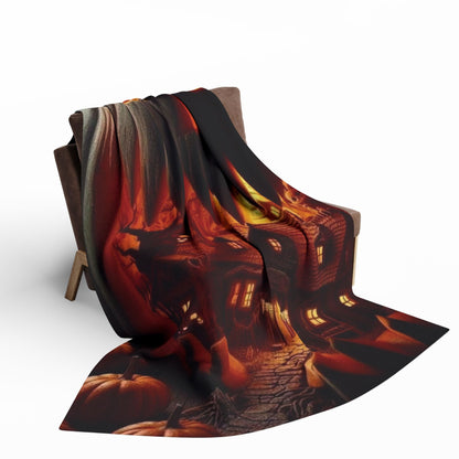 Luxurious Decorative and Warm Halloween Spooky Arctic Fleece Blanket draped elegantly over a chair, showcasing intricate Halloween-themed designs, perfect for adding a touch of festive elegance to your home decor.