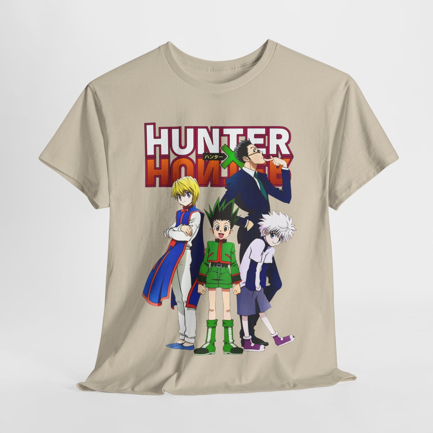 Luxurious beige Hunter x Hunter T-shirt featuring a bold graphic of iconic anime characters Gon, Killua, and others in vibrant colours, showcasing superior craftsmanship and design.