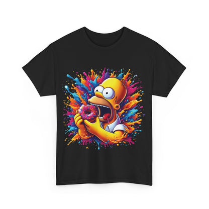 Simpsons Homer Donut Graphic T-Shirt featuring a vibrant graphic of Homer Simpson holding a pink donut, surrounded by a splash of colourful paint, perfect for urban streetwear enthusiasts.