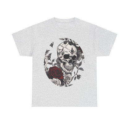 Skulls and Roses Cotton Tee, Unisex Graphic Shirt displaying a striking steampunk-inspired design with a skull entwined in roses on a light grey background.