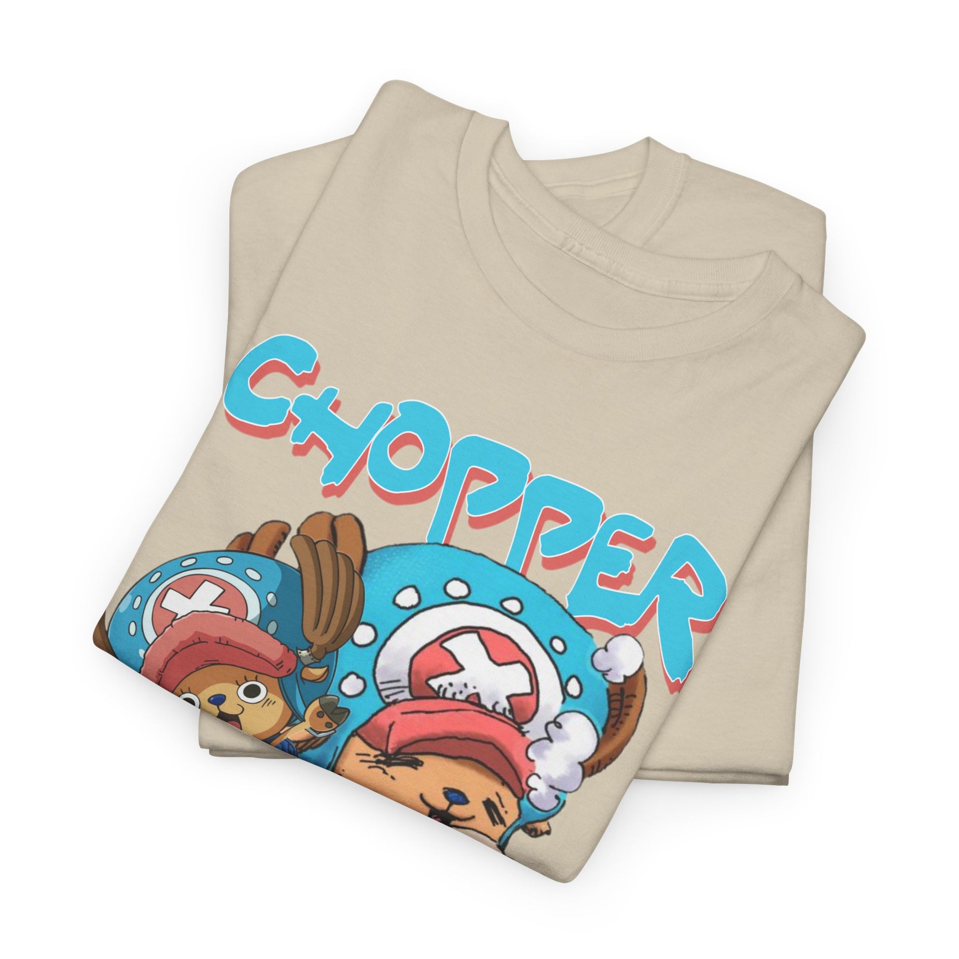 Close-up view of the luxurious beige Chopper anime t-shirt, artfully folded to showcase its high-quality fabric and playful design, perfect for casual yet chic anime-themed attire.