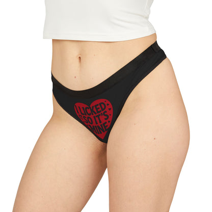 Elegant Valentine's Naughty Gift featuring a Cheeky Women's Thong with the playful phrase 'I Licked It So It’s Mine' in red heart graphic, perfect for a romantic and humorous birthday or anniversary celebration.