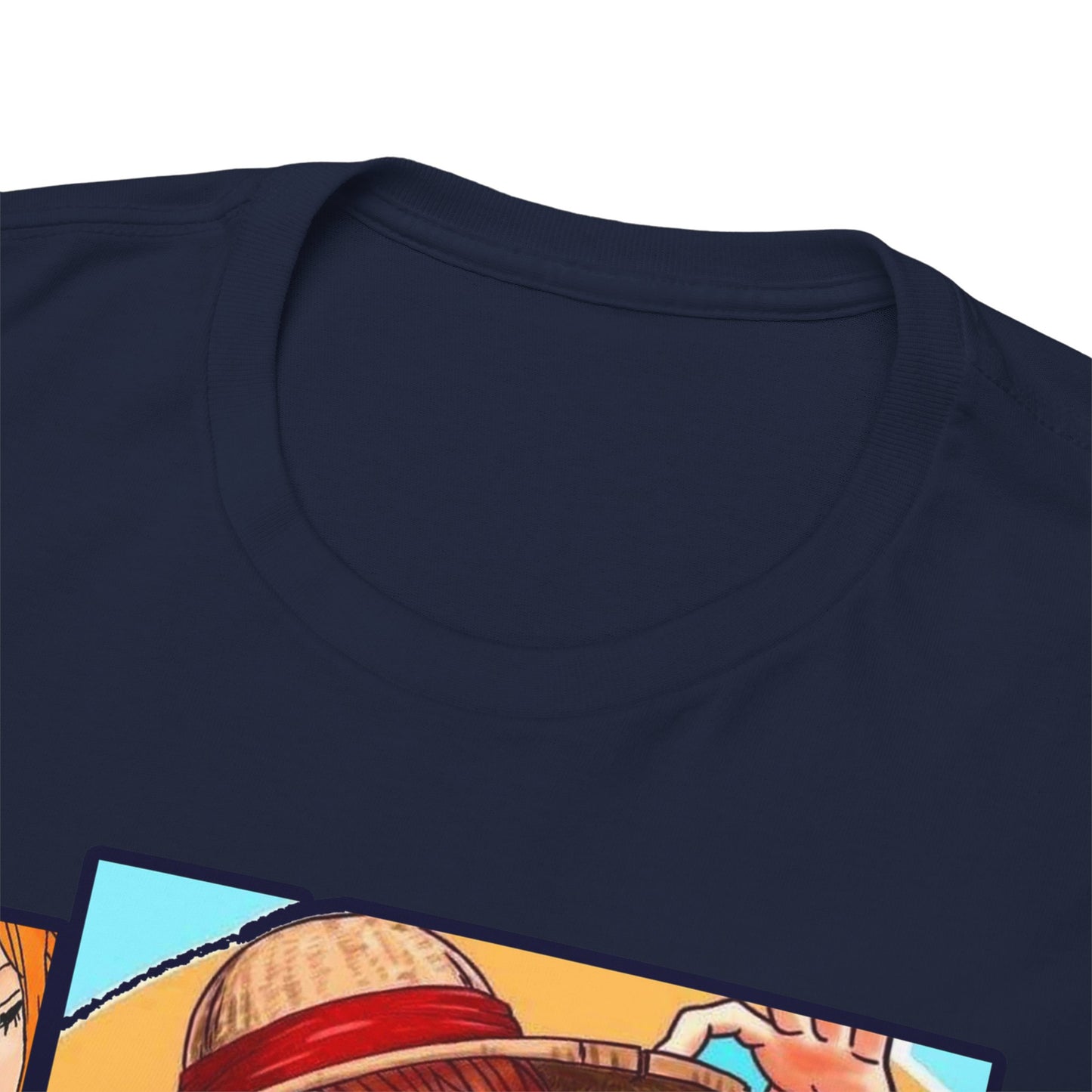 Close-up view of the neckline of a navy blue T-shirt featuring a detailed One Piece anime graphic, illustrating high-quality fabric and luxurious design for discerning fans.