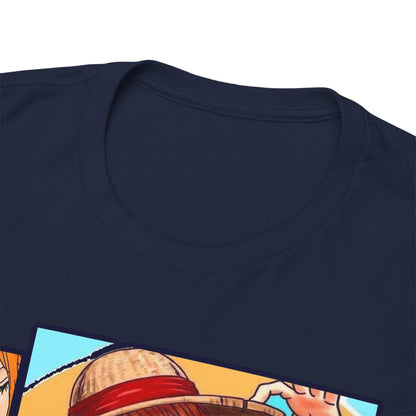 Close-up view of the neckline of a navy blue T-shirt featuring a detailed One Piece anime graphic, illustrating high-quality fabric and luxurious design for discerning fans.