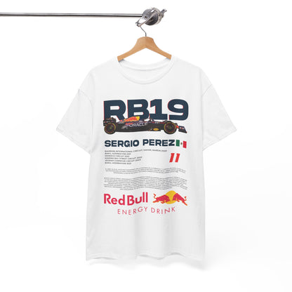 Stylish Men's Red Bull RB19 F1 Racing Tee featuring Sergio Perez graphic, showcasing premium quality and luxury design. Perfect for motorsport enthusiasts.