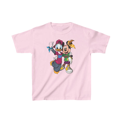 Child’s Daisy Duck & Minnie Mouse Graphic Unisex Tee Shirt Kids in soft pink, featuring playful illustrations of Daisy and Minnie in stylish outfits.
