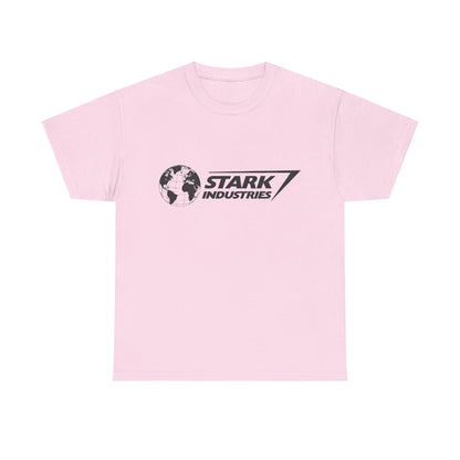 Chic Iron Man Stark Industries Logo Graphic Unisex Tee Shirt in soft pink, featuring a distinctive globe logo and 'STARK INDUSTRIES', crafted for a luxurious and contemporary aesthetic.