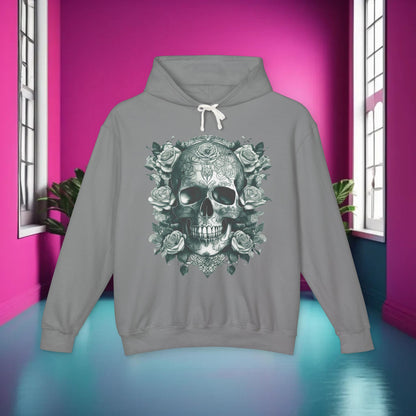Skull and Roses Lightweight Hoodie in a chic environment, featuring an eye-catching skull surrounded by roses. Ideal for lovers of edgy, luxury streetwear.