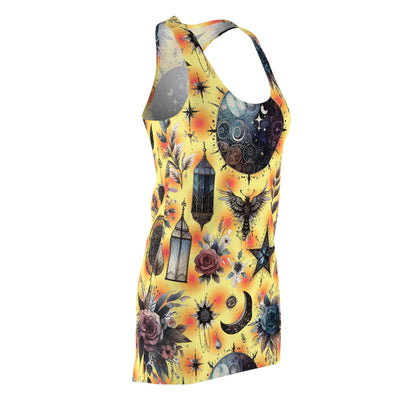 Side view of the Elegant Women's Designer Racerback Dress showcasing its unique yellow design adorned with celestial motifs, ideal for summer chic.