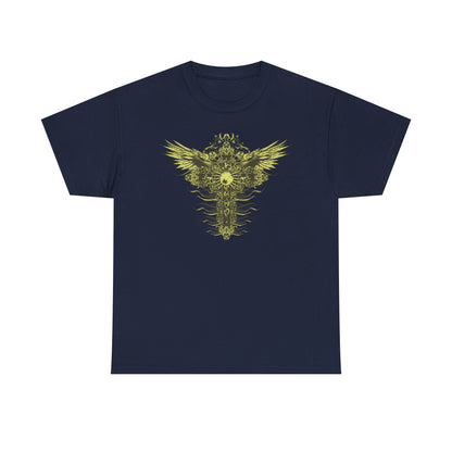 Luxurious dark olive-brown men's t-shirt featuring an ornate cross design with stylised golden wings, ideal for making a bold fashion statement.