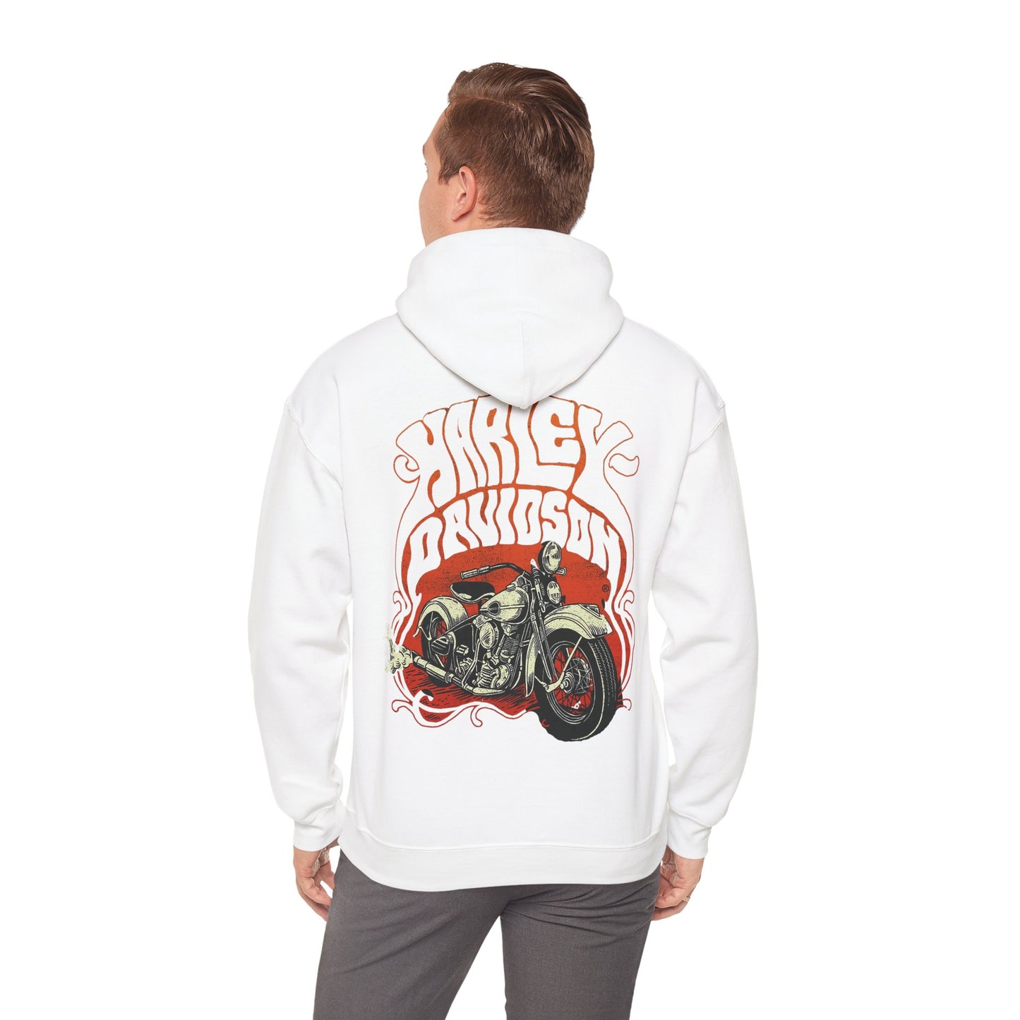 Sophisticated vintage Harley Davidson hoodie showcasing a striking motorcycle graphic on the back, perfect for biker enthusiasts.
