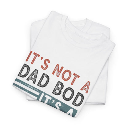 Elegant Dad Bod Funny Mens Womens Graphic T-Shirt stacked design presenting the phrase 'It's Not A Dad Bod, It's A Father Figure' elegantly displayed on fold of two tees.