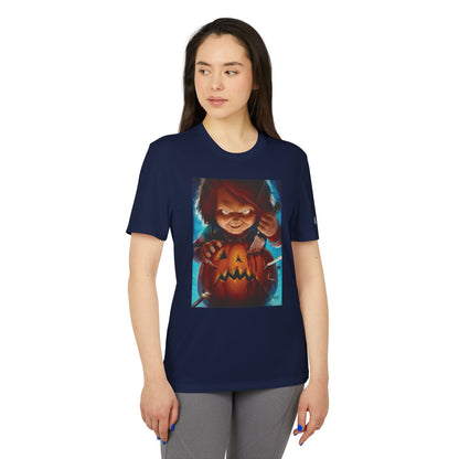 Front view of the navy Adidas Unisex Halloween Chucky Cute T-shirt with Chucky graphic, combining festive flair and luxury comfort.