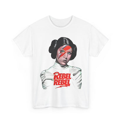 Elegant Star Wars Princess Leia funny graphic tee showcasing a classic design with 'REBEL REBEL' prominently displayed, ideal for stylish aficionados of the franchise.