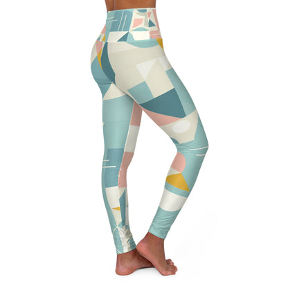 Flat lay of Modern Geometric Pastel Leggings by Dazzling Dreams Studio paired with a stylish oversized tee, demonstrating a chic outfit suitable for both exercise and leisure.