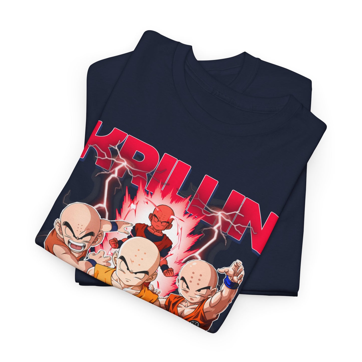 Two folded Dragon Ball Z T-shirts featuring a striking Krillin design, ideal for showcasing anime fandom in a luxurious yet casual style.