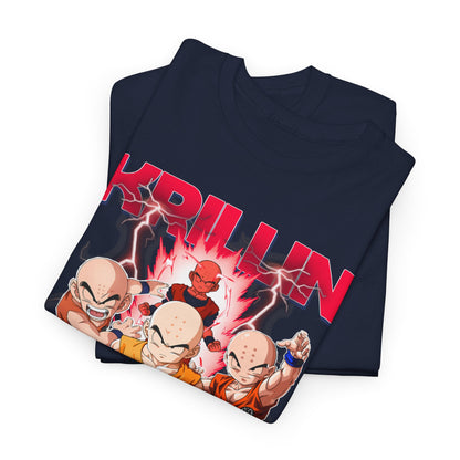 Two folded Dragon Ball Z T-shirts featuring a striking Krillin design, ideal for showcasing anime fandom in a luxurious yet casual style.