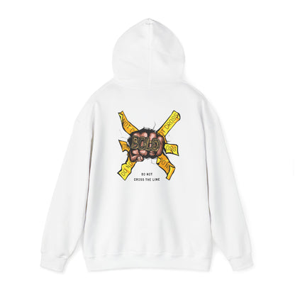 Striking white back print hoodie with bold fist graphic and unique messaging, exuding confidence and individuality.