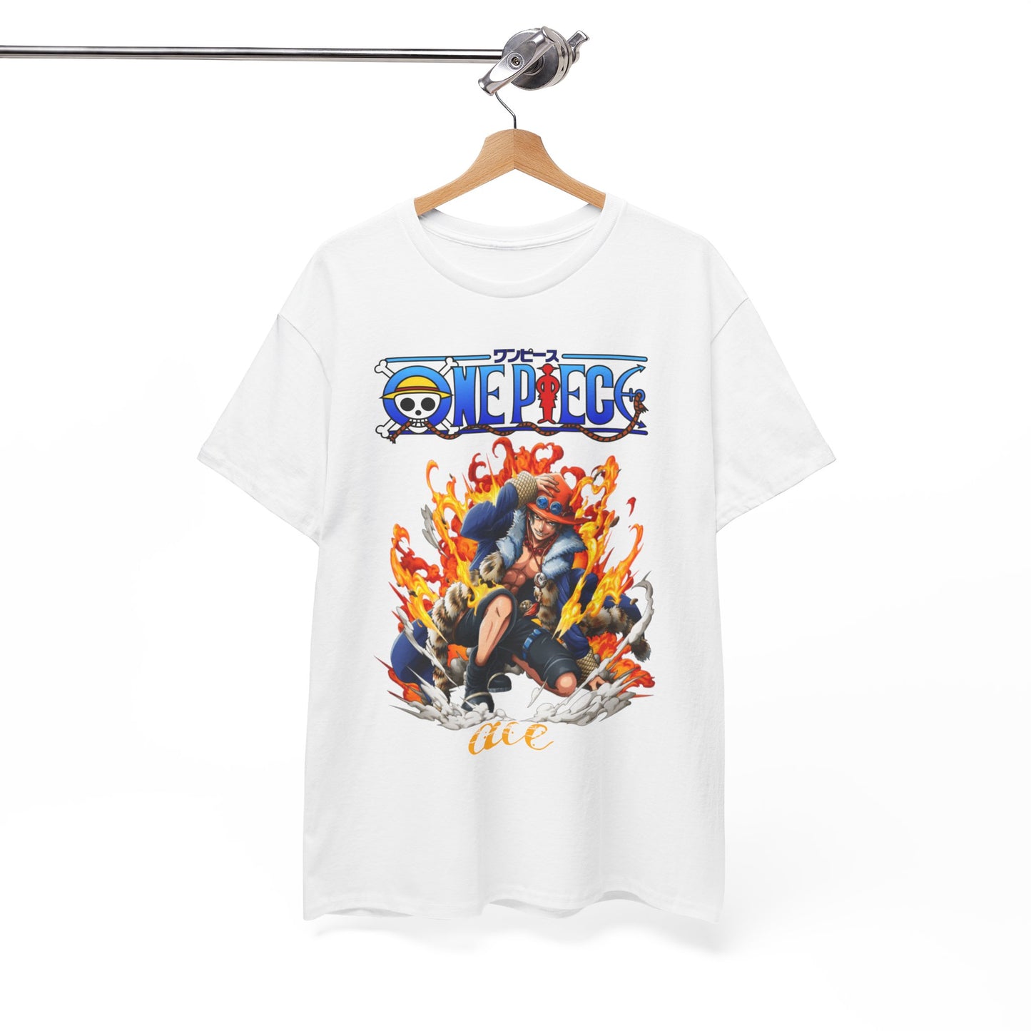 Epic Ace T-shirt elegantly hung, expertly highlighting the intricate flame artwork and stylish One Piece branding.