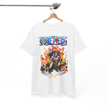 Epic Ace T-shirt elegantly hung, expertly highlighting the intricate flame artwork and stylish One Piece branding.