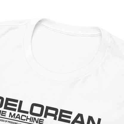 Close-up view of a luxurious white t-shirt collar, showcasing premium fabric with the DeLorean time machine design from Back to the Future, exuding sophistication and comfort.