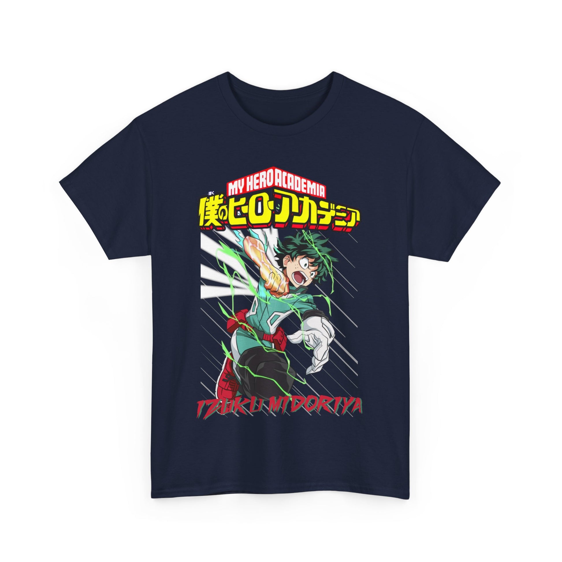 Exquisite close-up of the Izuku Midoriya T-Shirt in navy, showcasing bold graphics and high-quality fabric suitable for discerning anime lovers.