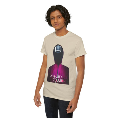 Sophisticated man wearing a beige Squid Game graphic t-shirt with a striking design of the iconic masked character, ideal for trendy urban attire.
