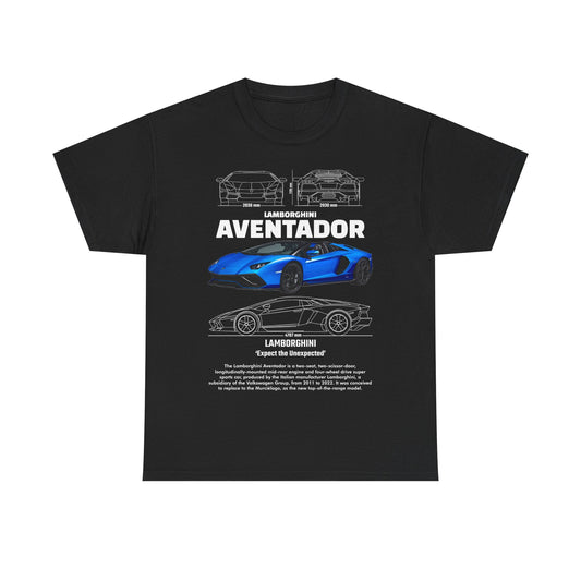 Stylish men's Lamborghini Aventador graphic tee in black, showcasing a vibrant blue sports car illustration accompanied by engineering specifications and the tagline 'Expect the Unexpected'.